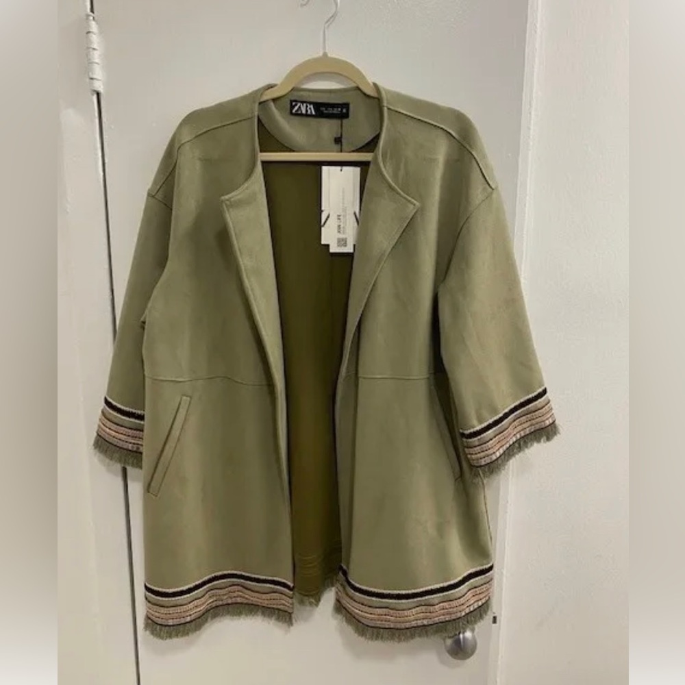 Zara Faux Suede Jacket Shacket with Trim and Fringe - Worn once!